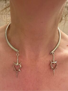 Hand-Crafted Silver Heart Spike Choker Necklace - Women's Jewelry